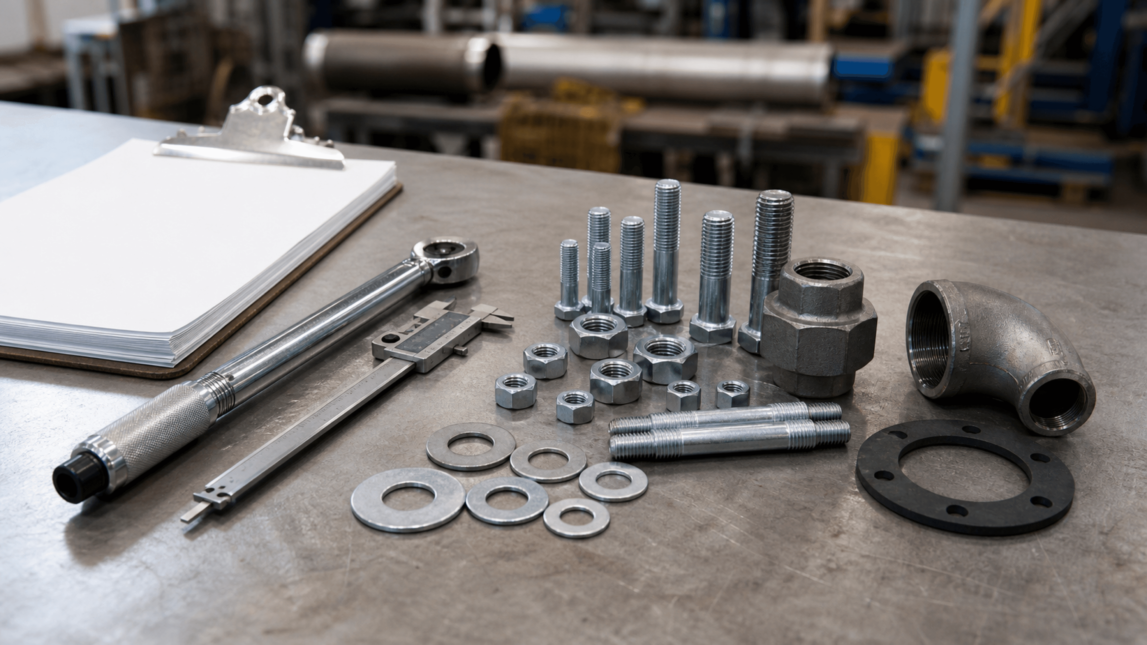 Domestic industrial fasteners, flange, gasket, calipers, torque wrench, and RFQ paperwork on a job shop bench