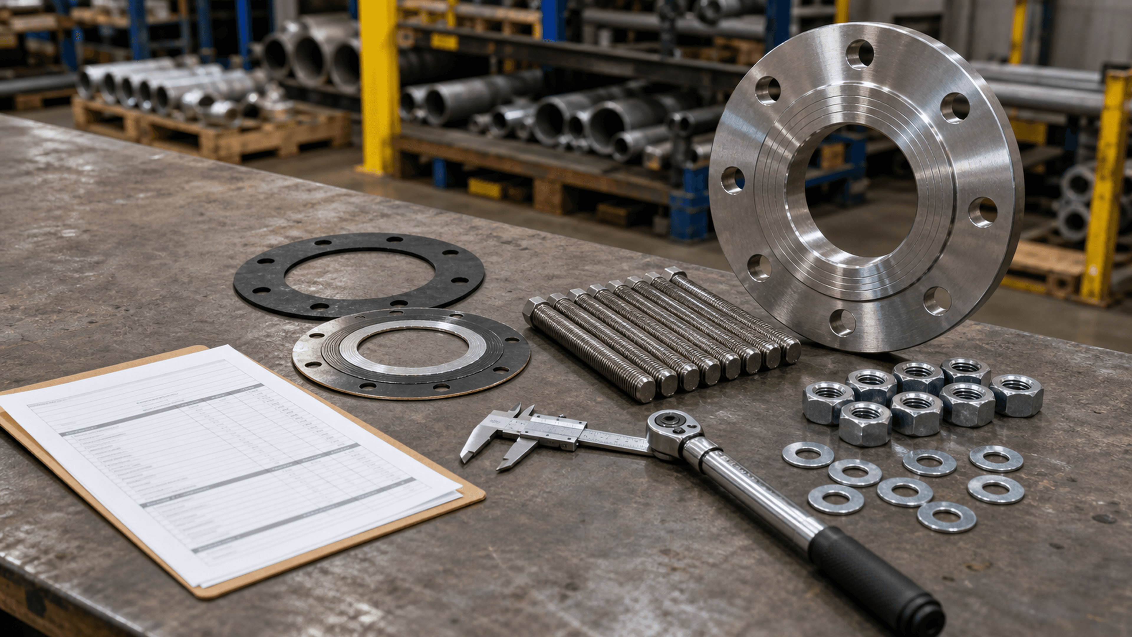Flange, gasket, threaded studs, hex nuts, washers, torque wrench, and RFQ paperwork on an industrial maintenance workbench