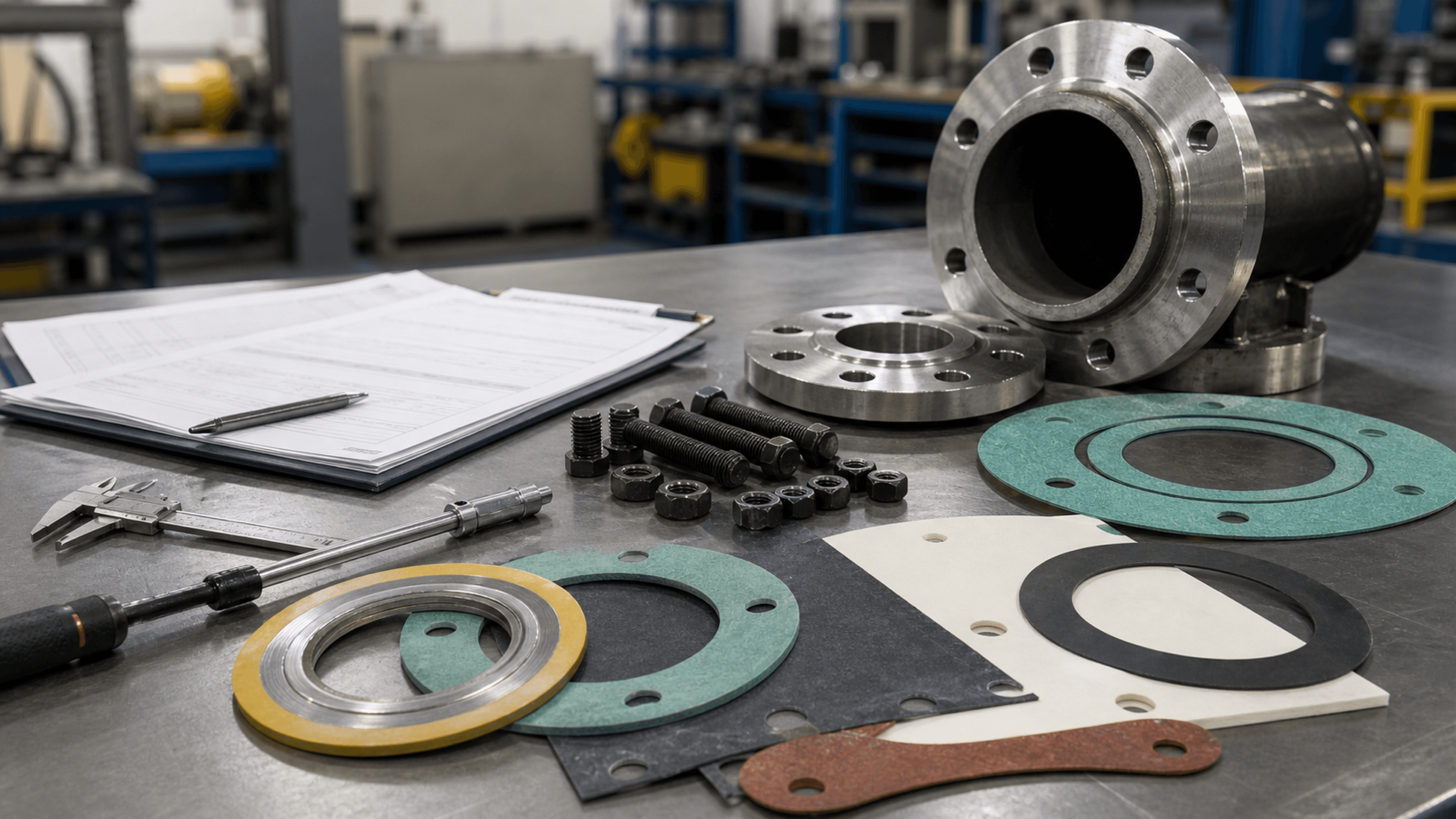 Industrial gasket materials, spiral wound gaskets, graphite and PTFE sheets, flange bolting, calipers, torque wrench, and RFQ paperwork on a maintenance workbench