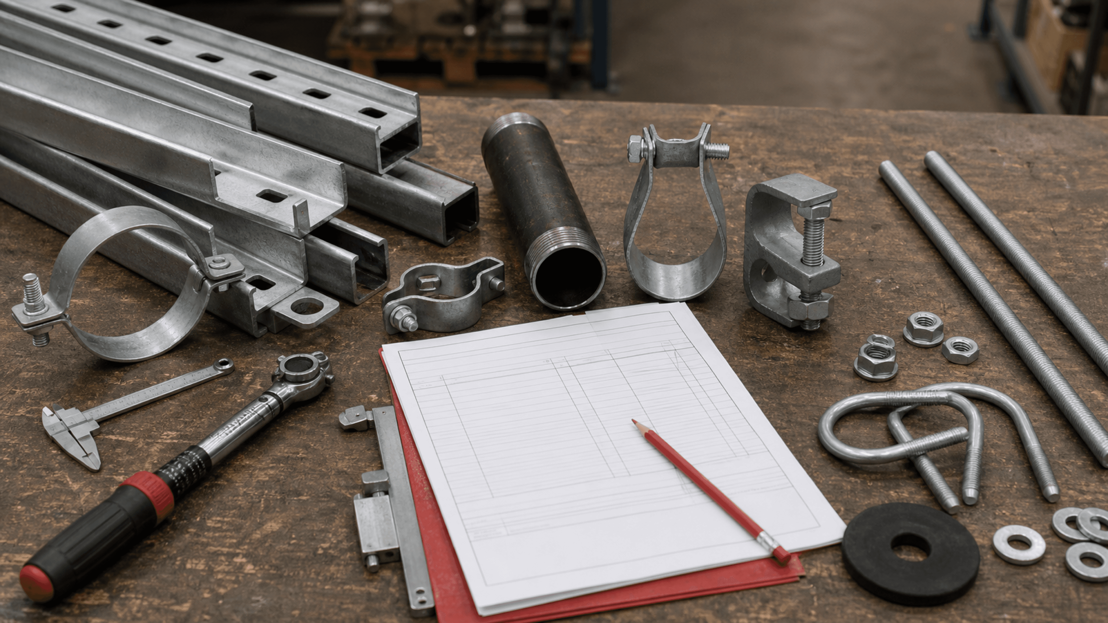 Pipe support hardware, strut channel, clamps, threaded rod, U-bolts, calipers, torque wrench, and RFQ paperwork on an industrial bench